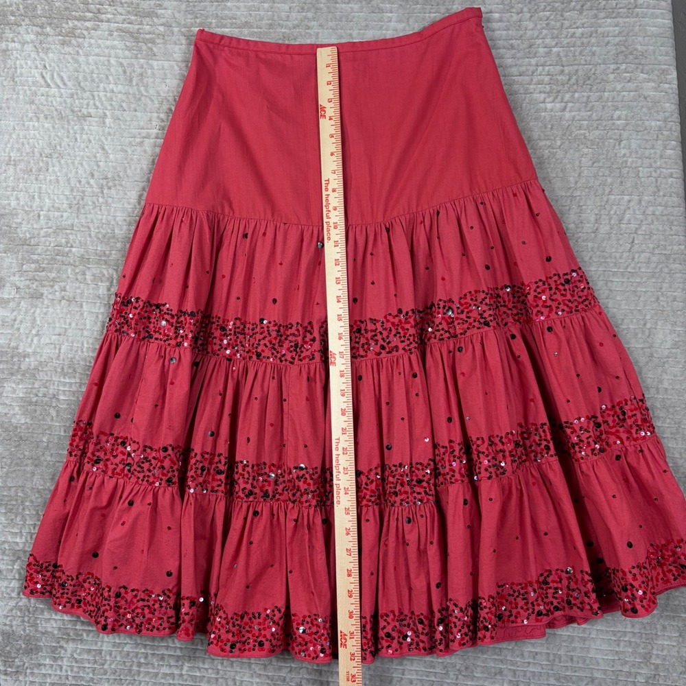 Anage Red Sequin Tiered Maxi Skirt Boho Cotton Ruffle Lined Size 10 - Picture 2 of 10